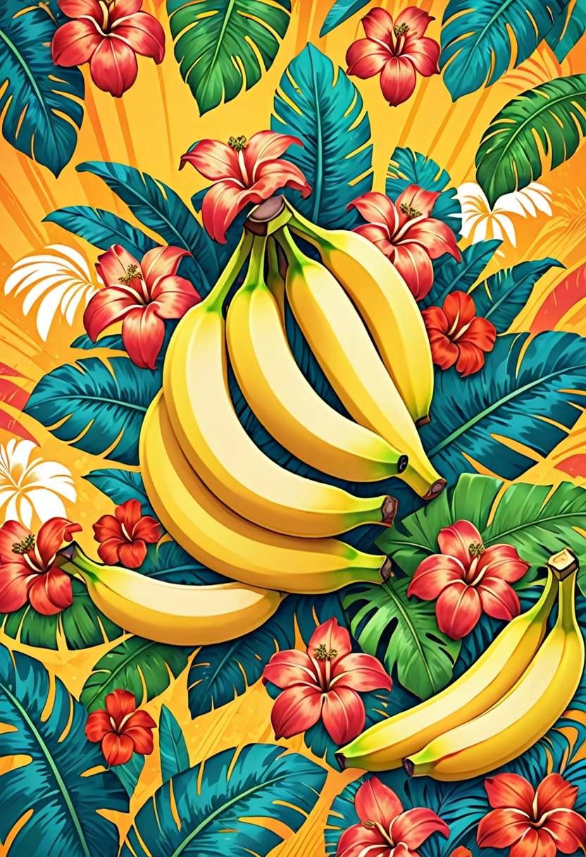 Vector Art, Colorful illustration with lots of bananas, In the center, Vibrant colors, High Detail,Hawaiian style background