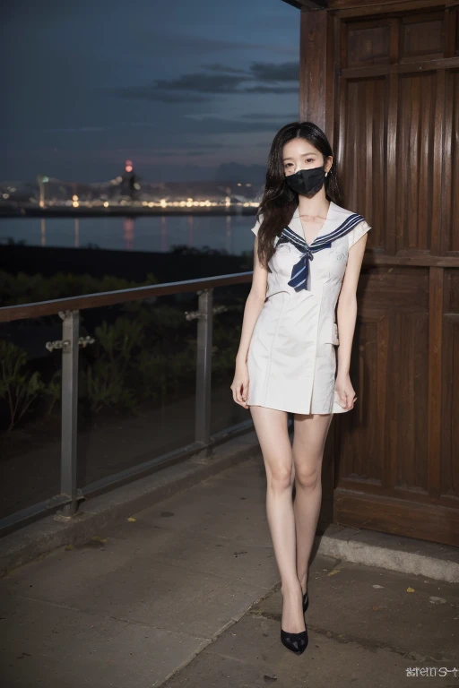 ((original photography:1.2)),Photographed by mobile phone,RAW photos,Night view of Beijing,1 Girl, Perfect body,Full body portrait,Fashion的头发, Very long hair, delicate eyes, Side Light, Sweating,With a mask, Medium breasts,Fashion的水手服,(Sophisticated Sailor Suit、embroidery、stripe、pattern、Fashion、Hollow),Long slender legs