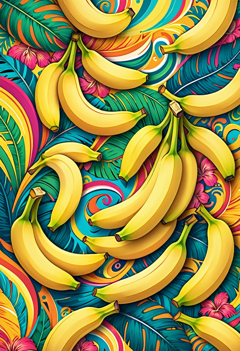 vectorial art, Colorful illustration with many bananas, At the center, swirly vibrant colors, high détail,Hawaiian style background
