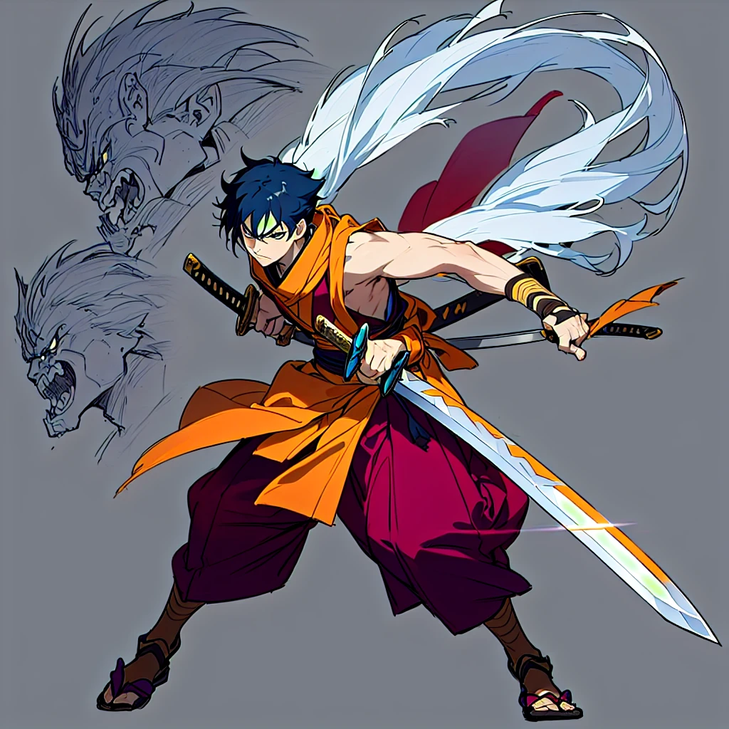 anime character with sword and scarf in a fighting pose, angry character wielding a sword, dramatic wielding sword pose, with large sword, anime style character, anime in fantasy style, clean lineart and color, concept art of a monk, warrior character design, carrying scabbard on his back, picture of an adult Japanese male warrior
