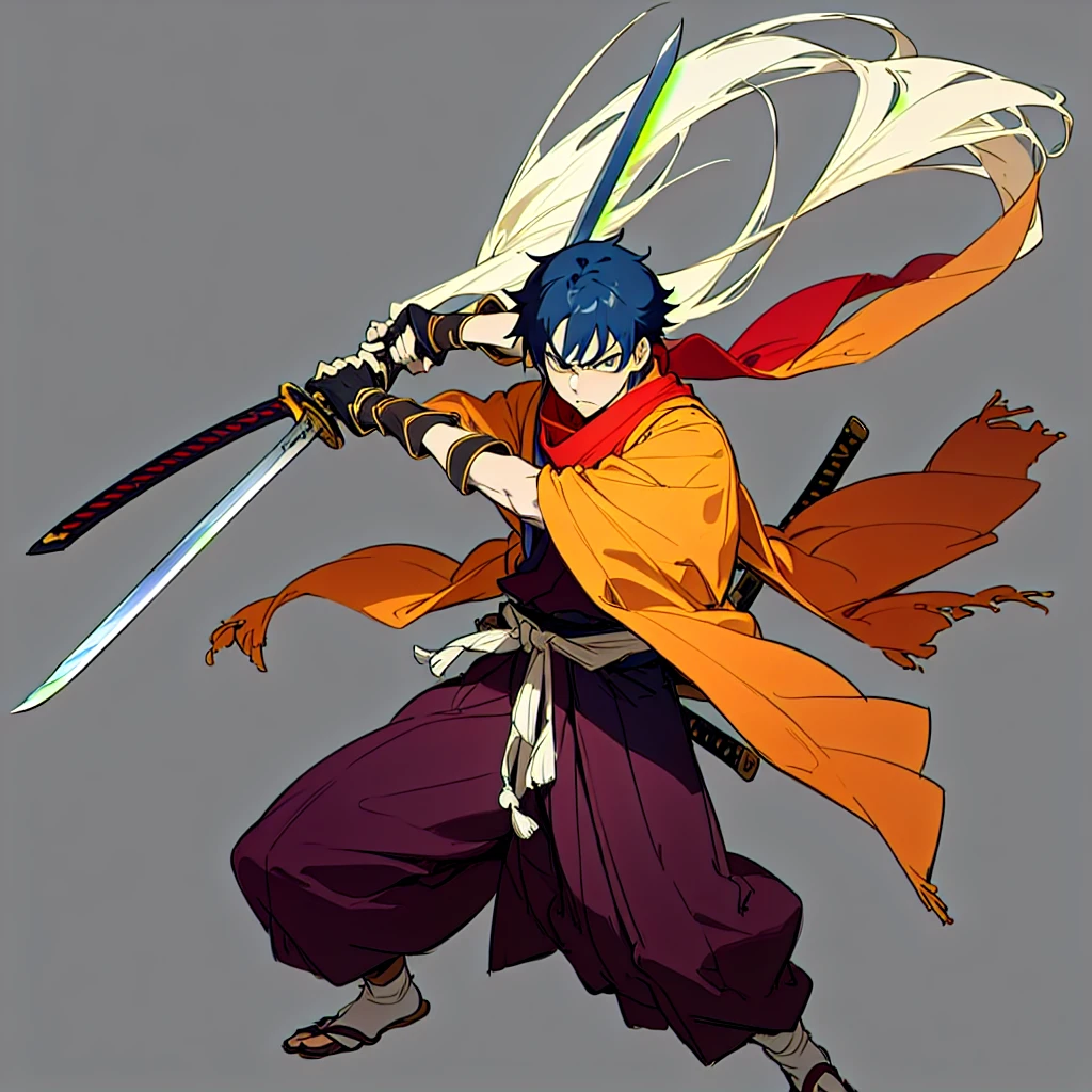 anime character with sword and scarf in a fighting pose, angry character wielding a sword, dramatic wielding sword pose, with large sword, anime style character, anime in fantasy style, clean lineart and color, concept art of a monk, warrior character design, carrying scabbard on his back, picture of an adult Japanese male warrior