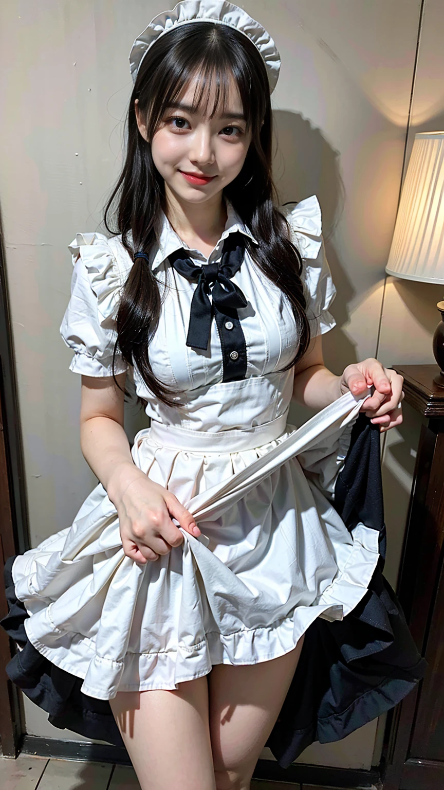 (8k、RAW Photos、Highest quality、masterpiece:1.2)、(Realistic、Realistic)、1 Girl、((Maid Costume:1.2、Thin legs、whole body、View from the front、smile、Looking into the camera、Hold your skirt with both hands and show me your black panties))、cute