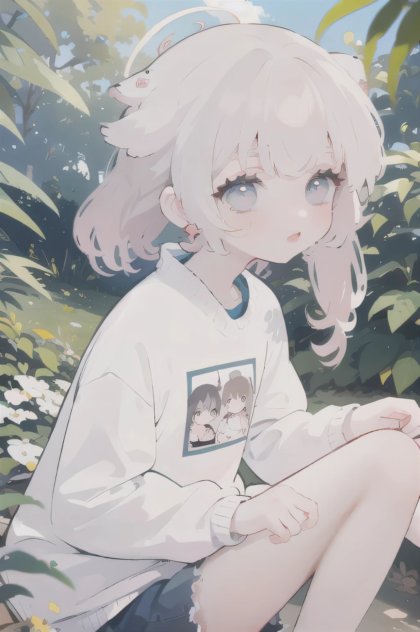 (high quality) (best quality) (a woman) (correct physiognomy) (perfect students) (perfect eyes) anime woman, deep pink long and fluffy hair pink, Two bunny ears of color blue coming out of his blue head adorned with small golden stars As if they were the color of your ears, lips sensitive, feminine appearance, soft facial features, thin eyebrows, soft skin, rosy cheeks, pink lips, silky eyelashes, dreamy expression, middle age, youthful clothing, print sweatshirt, photo illuminated by sunlight, Woman sitting on forest.