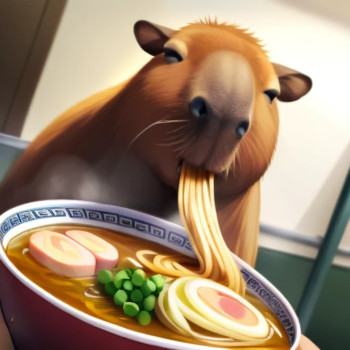 no human,original, capybara,airamen,eating_ramen, 
masterpiece, best quality, very aesthetic, absurdres,