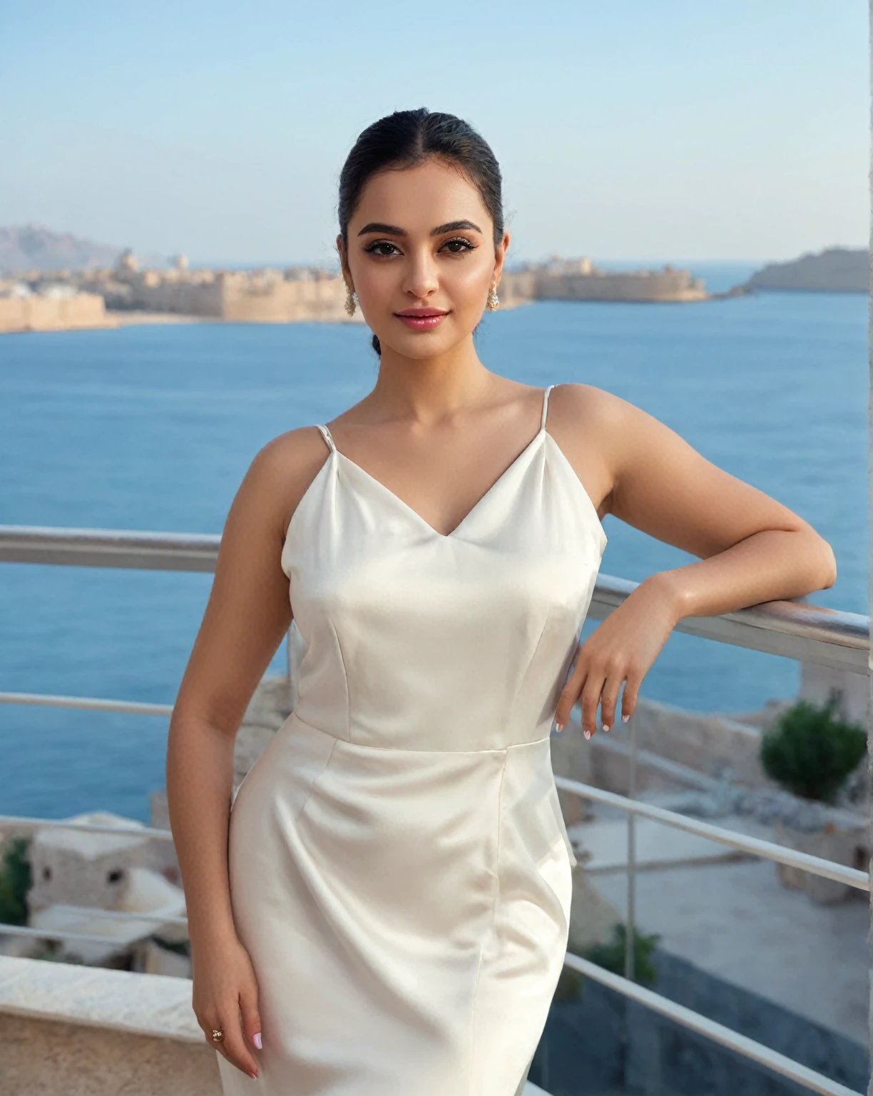 A close-up of a woman in a white dress standing on a balcony, clear portrait of Medium pink, portrait of Medium pink, Ameera griega al taweel, Medium pink, silky white suit, portrait Medium pink, Lovely woman, attractive and beautiful, very attractive and beautiful, a beautiful woman dressed in white, Alina Ivánchenko