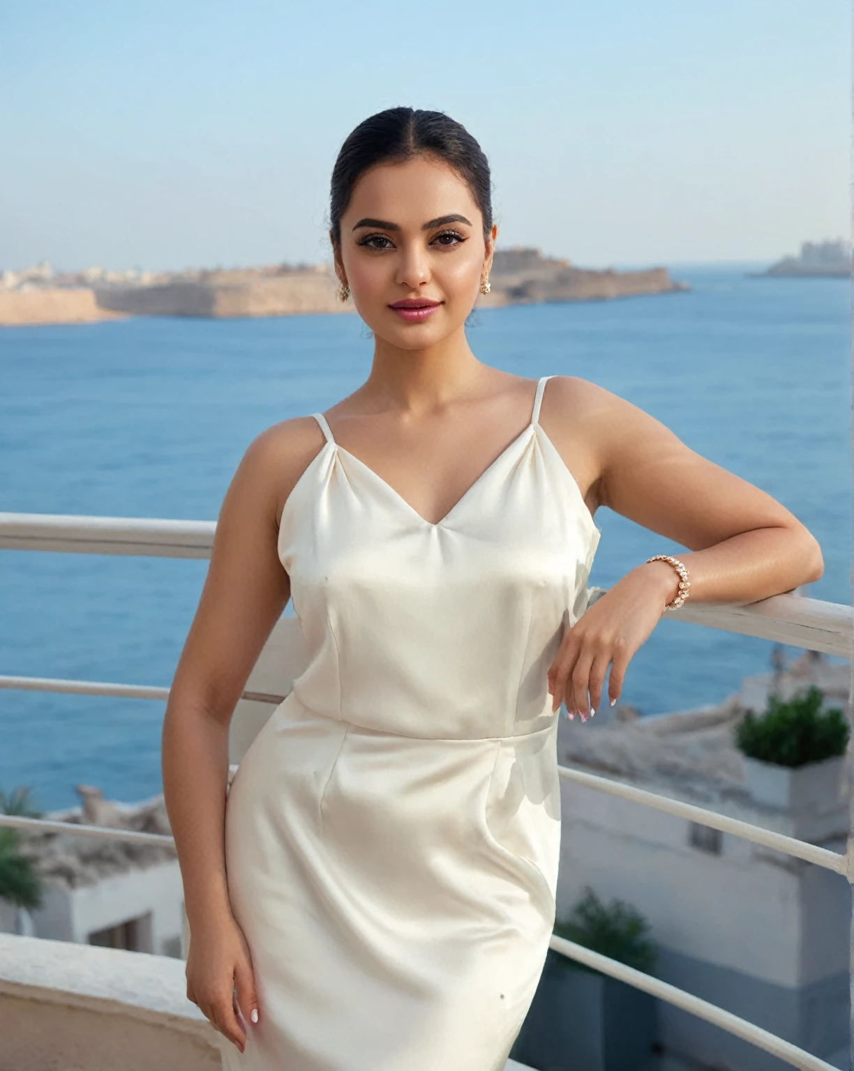 A close-up of a woman in a white dress standing on a balcony, clear portrait of Medium pink, portrait of Medium pink, Ameera griega al taweel, Medium pink, silky white suit, portrait Medium pink, Lovely woman, attractive and beautiful, very attractive and beautiful, a beautiful woman dressed in white, Alina Ivánchenko
