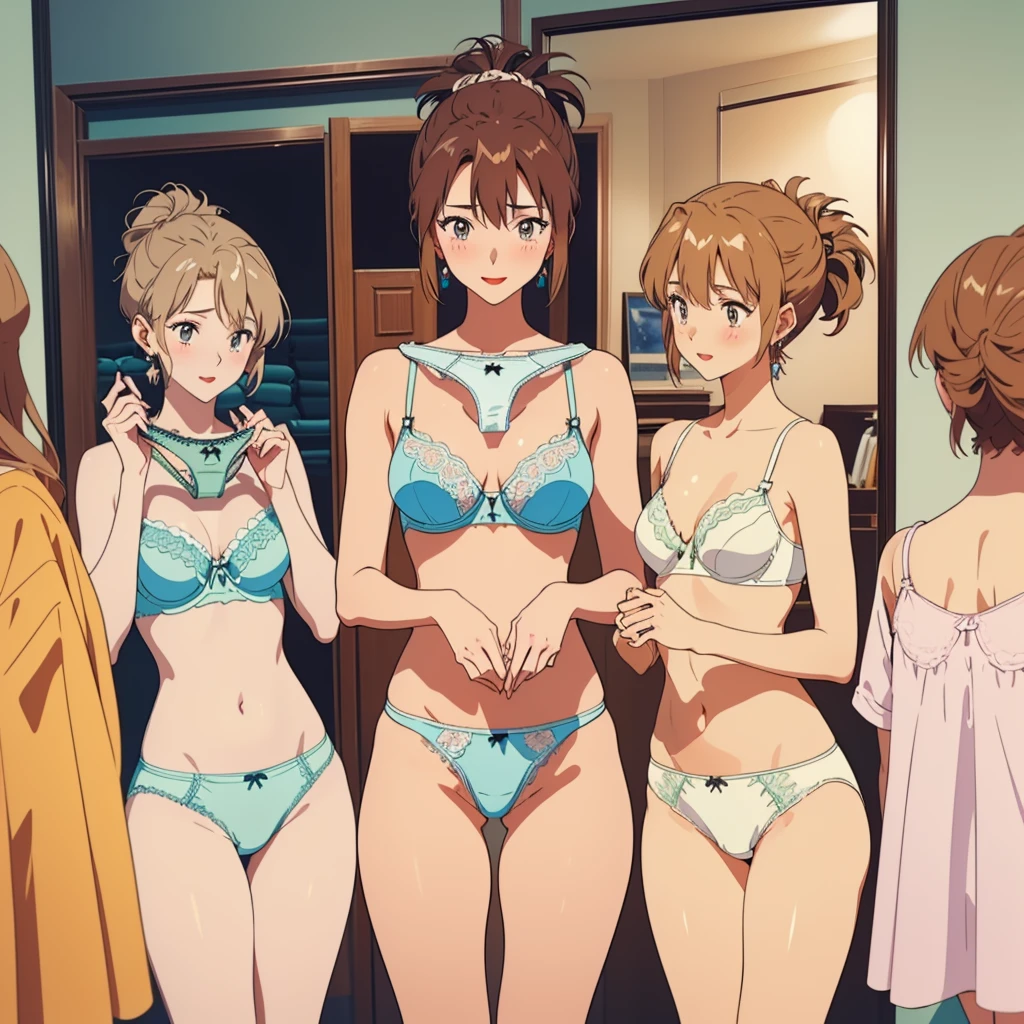 masterpiece, top quality, ultra detailed, ((((AIKA_SUMERAGI, folded ponytail, best anatomy, in underwear, (panties, elaborately designed luxury panties for adults, panties high definition images, draw panties with super precision), lace trimmed bra, extremely detailed texture, earrings, red lip, embarrassed, blush, smile)))), cowboy shot, (((underwear in dressing room))), white skin, (presenting panties), (display panties:1.5),holding panties with both hands