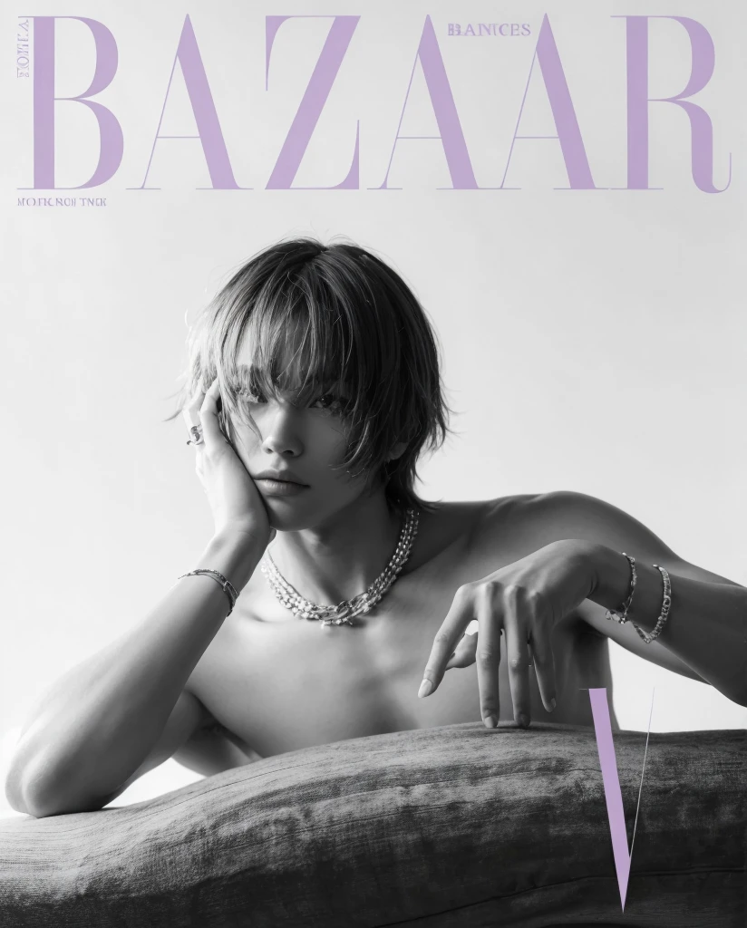 model, bangs cover half of his face, smooth skin