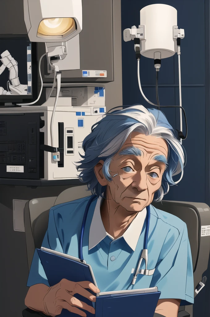 A digital art of an elderly person, with wrinkles and tired eyes, undergoing a medical evaluation to ascertain if he is depressed. Color palette should include shades of grey, blue and white. The person's age is around 80, has white hair, styled in a short, messy hairstyle, and has a solemn expression. He is wearing a white hospital gown and sitting on a chair in a clinical setting, with various medical equipment visible in the background. The background should include a detailed depiction of the room, with hospital beds, a computer, and other clinical devices. The person should be shown with his head down, holding a clipboard, by Edward Hopper, masterpiece, extremely detailed.