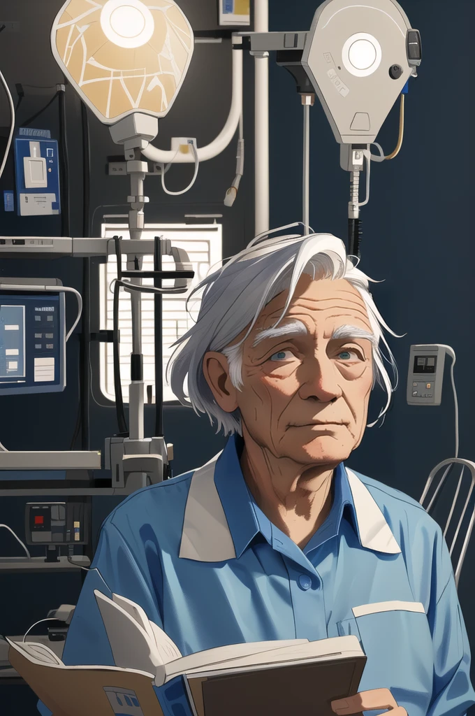 A digital art of an elderly person, with wrinkles and tired eyes, undergoing a medical evaluation to ascertain if he is depressed. Color palette should include shades of grey, blue and white. The person's age is around 80, has white hair, styled in a short, messy hairstyle, and has a solemn expression. He is wearing a white hospital gown and sitting on a chair in a clinical setting, with various medical equipment visible in the background. The background should include a detailed depiction of the room, with hospital beds, a computer, and other clinical devices. The person should be shown with his head down, holding a clipboard, by Edward Hopper, masterpiece, extremely detailed.