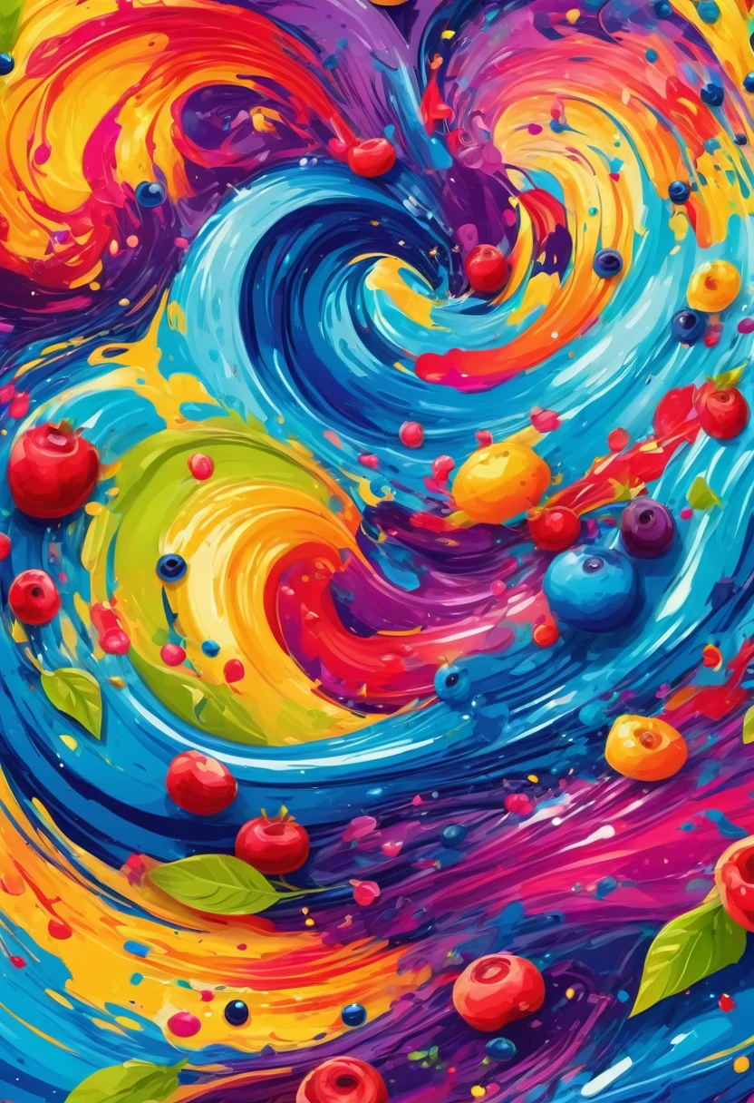 vectorial art, With many colorful blueberry illustrations, At the center, swirly vibrant colors, paint splashes and smears, high détail,Hawaiian style background
