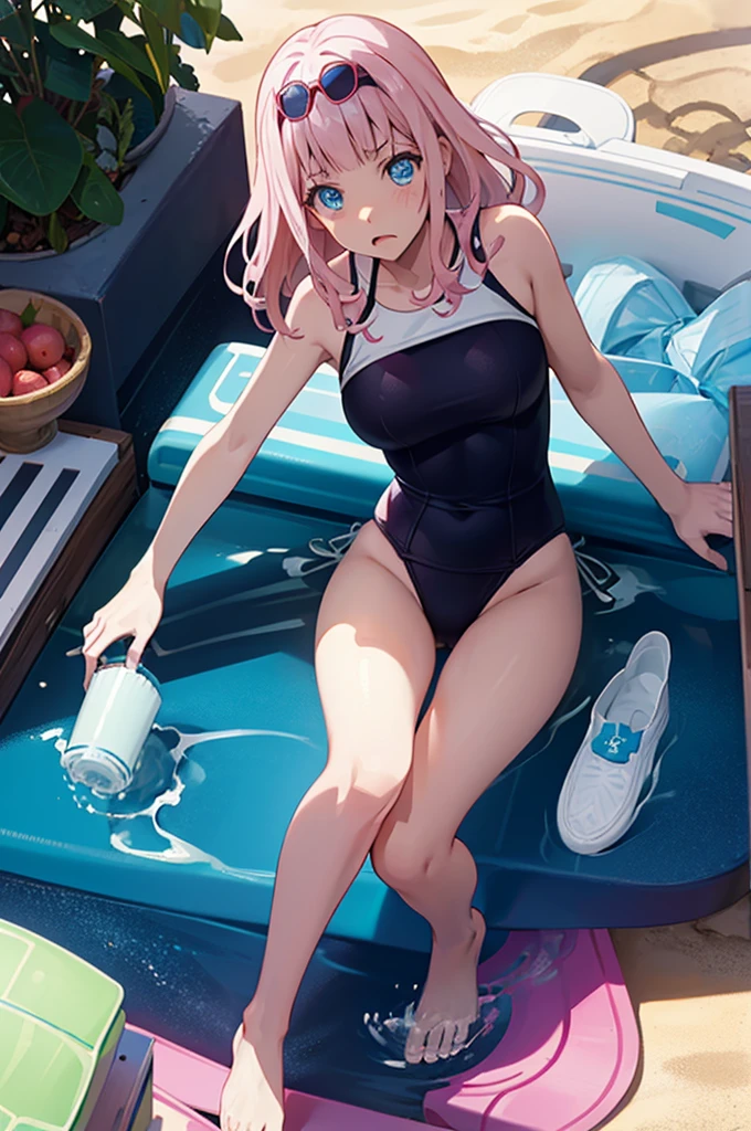 ランダムなSwimwear、柄付きのSwimwear、Pink Hair、Spread your legs、I can see her pantieedium Hair、、Pale blue eyes、Head to toe full body、Blushing、Embarrassed look、Swimwear、Wet、Ocean