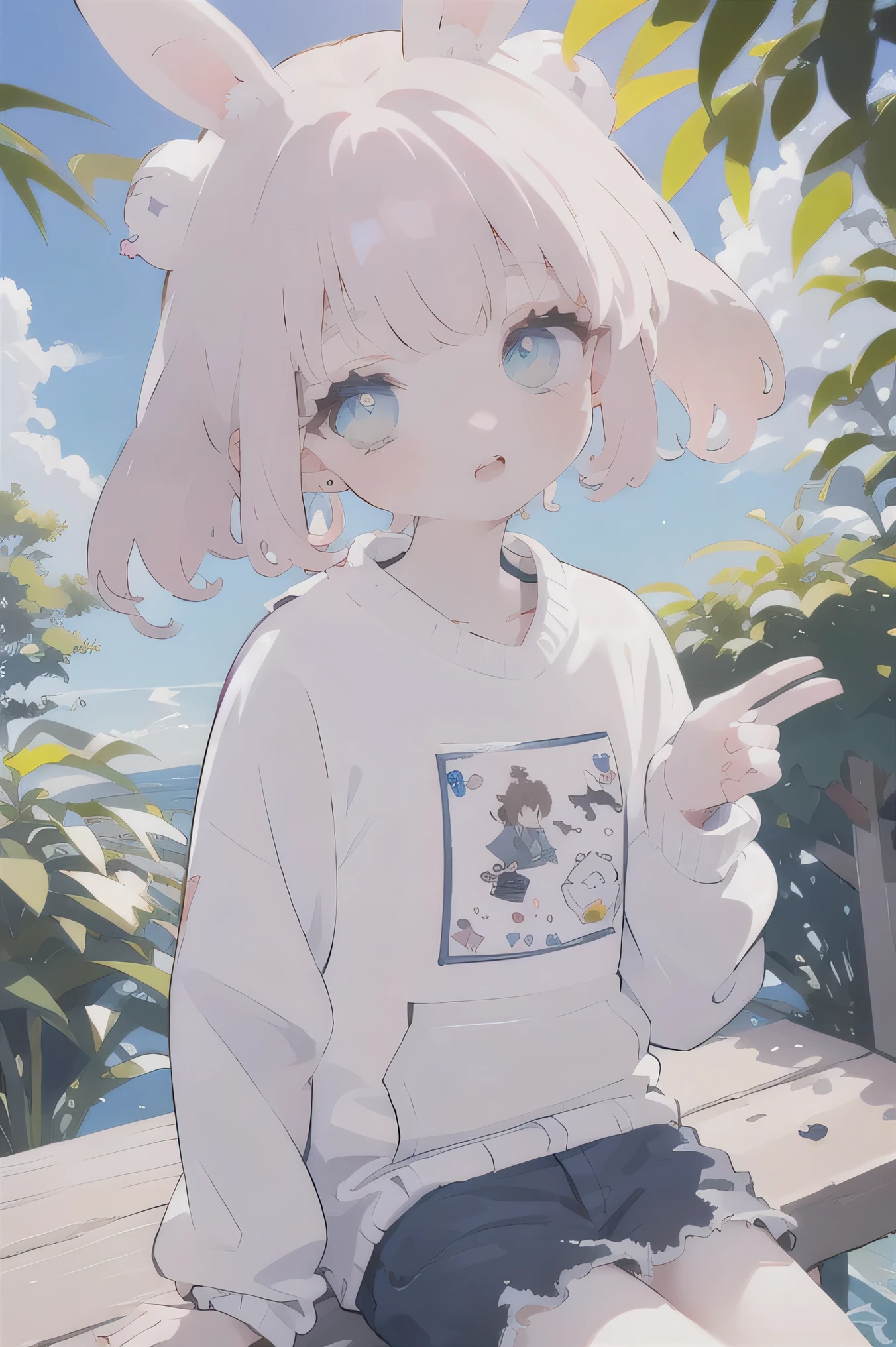 (high quality) (best quality) (a woman) (correct physiognomy) (perfect students) (perfect eyes) ONE anime woman, deep pink long and fluffy hair pink, Two bunny ears of color blue coming out of his blue head adorned with small golden stars As if they were the color of your ears, lips sensitive, feminine appearance, soft facial features, thin eyebrows, soft skin, rosy cheeks, pink lips, silky eyelashes, dreamy expression, middle age, youthful clothing, print sweatshirt, photo illuminated by sunlight, Woman sitting on forest.