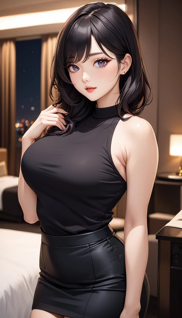 masterpiece, high resolution, beautiful woman, Korean Beauty, 30 years old, black sleeve less sweater, mini pencil skirt, beautiful woman, night hotel, looking at me, high resolution face, (high resolution eyes), black hair, curvy
