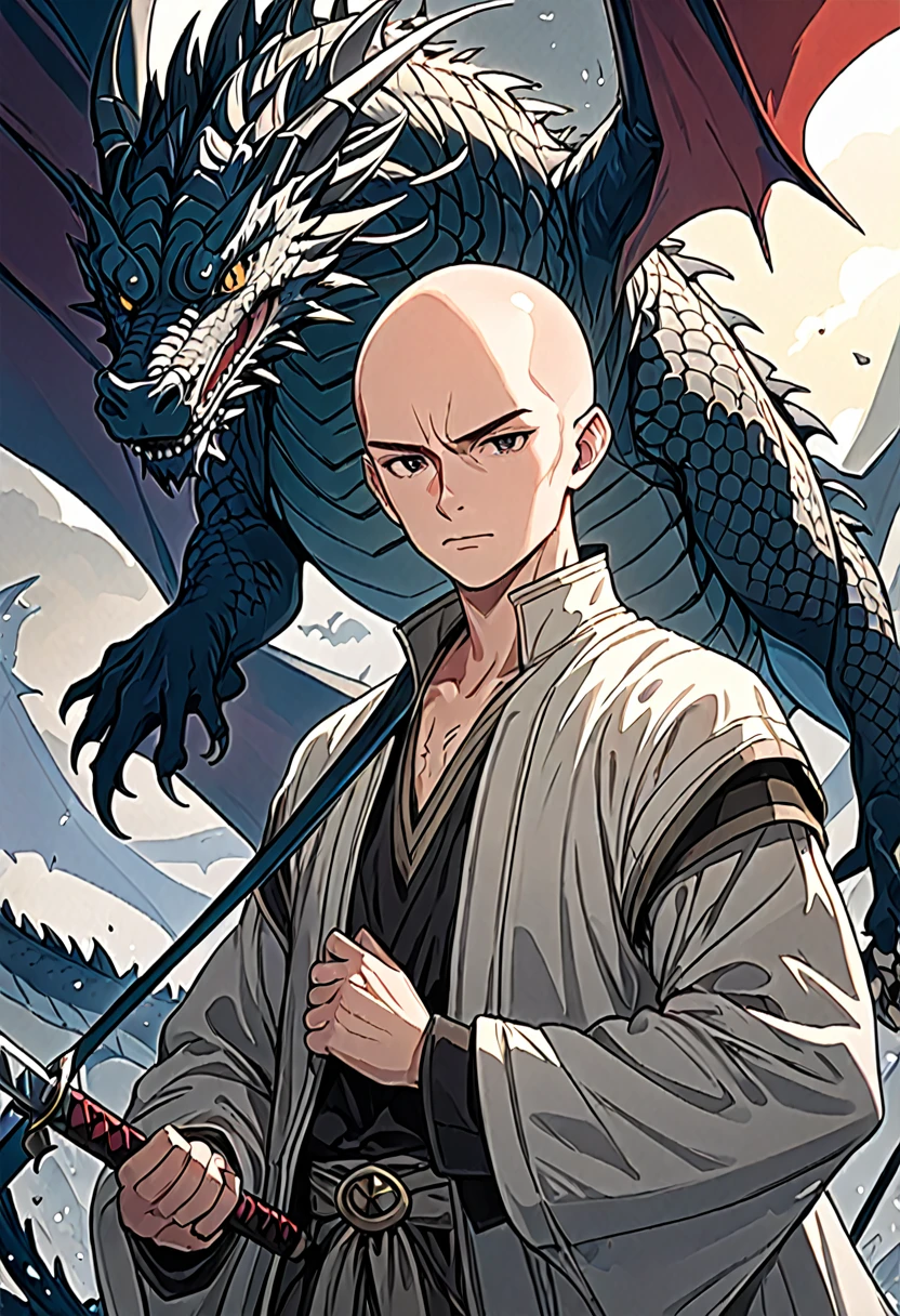 Create an illustration with a young male character standing in front of a dragon. She should appear worn and exhausted, but resilient, with an expression that conveys determination and sadness. The character must have a sword in his hands. He has black eyes (slightly slanted) that reveal a ray of hope and defiance. His baldness reveals his pale and haggard face. He wears tattered clothes, indicative of his harsh living conditions, and remains of a scar or mark on his neck from past punishments.
