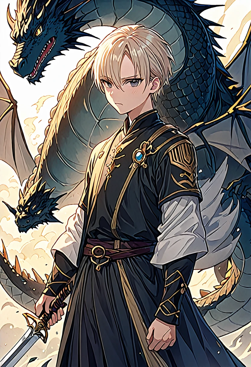 Create an illustration with a young male character standing in front of a dragon. She should appear worn and exhausted, but resilient, with an expression that conveys determination and sadness. The character must have a sword in his hands. He has black eyes (slightly slanted) that reveal a ray of hope and defiance. His baldness reveals his pale and haggard face. He wears tattered clothes, indicative of his harsh living conditions, and remains of a scar or mark on his neck from past punishments.
