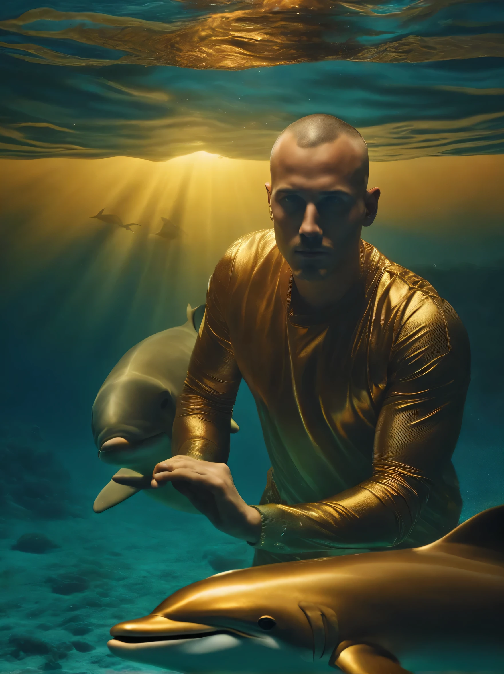 Cinematic photo, man, shaved hair, futuristic clothing, swimming carelessly at the bottom of the sea, with his pet dolphins. Golden hour, high quality, high clarity, perfect face, ultra-detailed face, work of art, fantastic realism, dream.