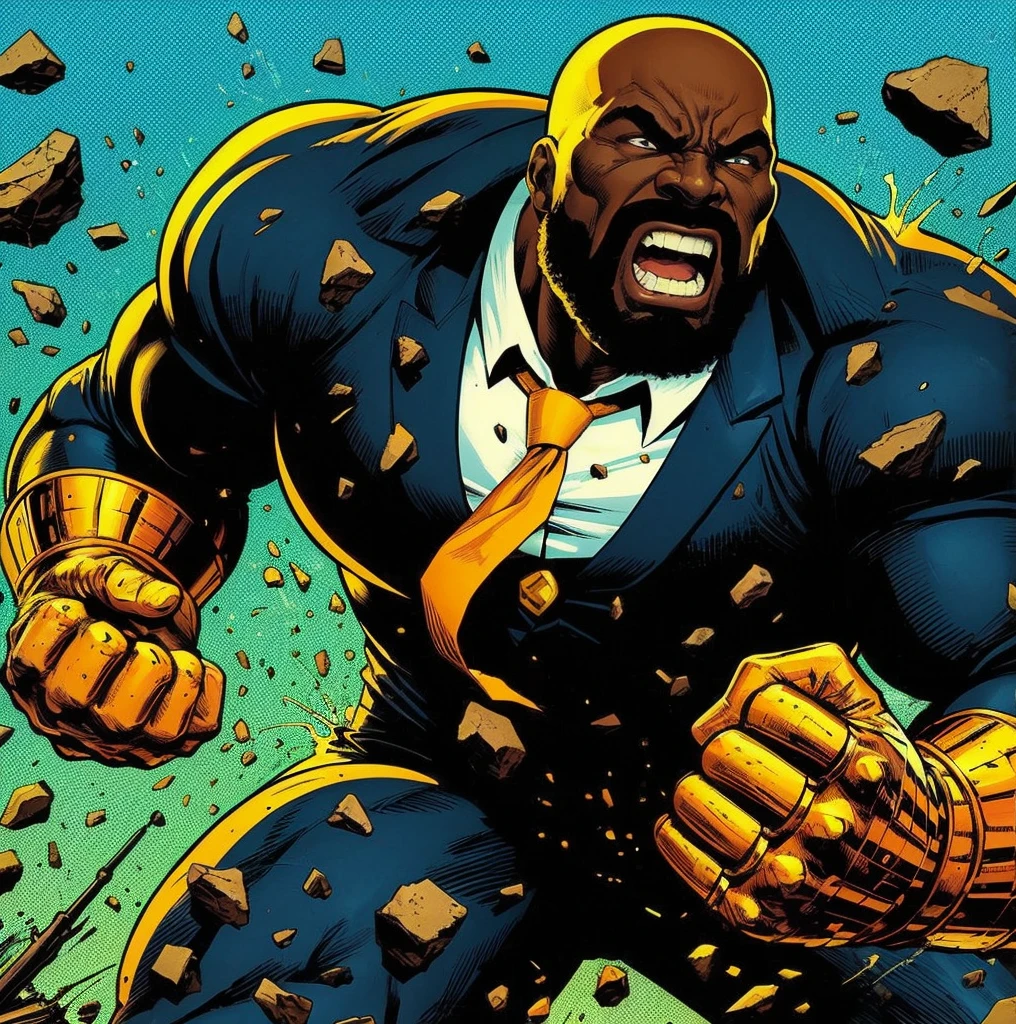 American classic comics: Luke Cage, black large man, bald, big black beard, tight navy suit, large shoulders, yellow technological copper gloves, super strength, big large body muscular, yellow-orange tie, hero protector, punching the stones, super hero leggings, fighting, knocking over rocks.