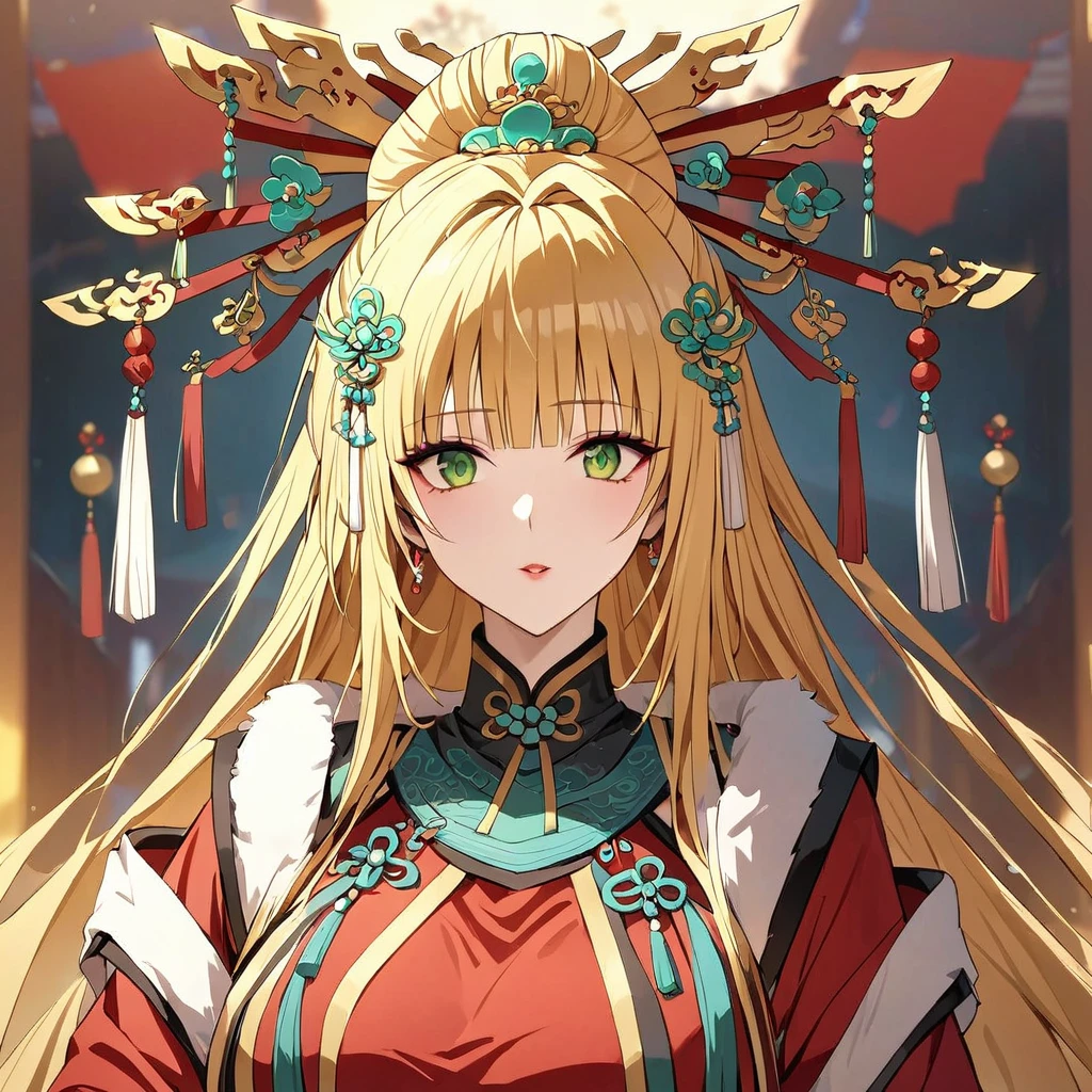 ((Highest quality)), ((masterpiece)), (detailed), (Perfect Face)、The woman is a Tieryu with green eyes, medium-long blonde hair, wearing an ancient Chinese court costume and a gorgeous hair ornament.、The woman is an empress of ancient China, and she and her husband, the emperor of ancient China, are reigning on magnificent thrones.