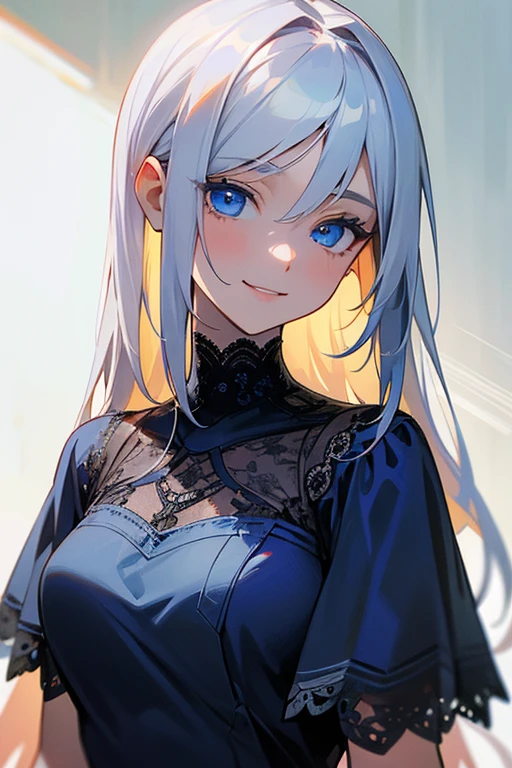 (masterpiece: 1.2, Highest quality), (Actual Photos, Intricate details), 1. woman, alone, Upper Body, casual, Shoulder-length hair, Minimal makeup, Natural materials, Face close-up, smile, Home, Long white hair、blue eyes, Shoulder Bare、Smiling with teeth showing、((Navy blue lace dress))、((blue eyes))、Keep the image of your face、
