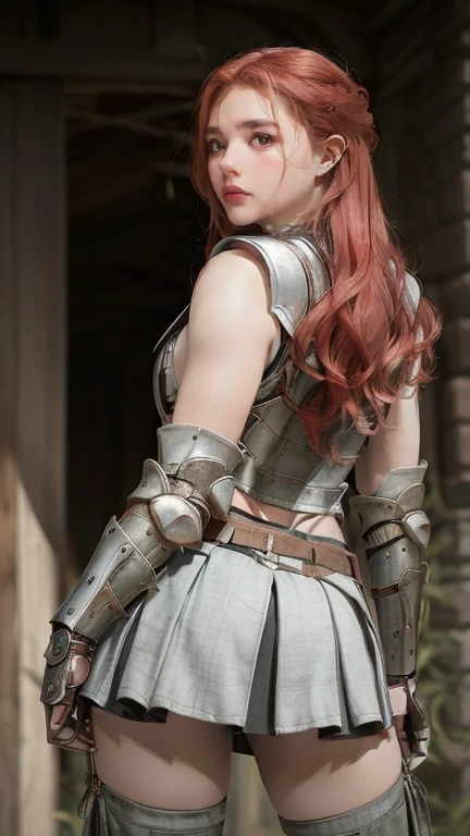 ((A red-haired warrior, from behind, wearing a skirt corta en su trasero, showing her butt, Shot from below, Use plate armor, Steel Gauntlets, steel gloves and steel cuirass, looking back, wearing a skirt)), very detailed skirt, (she doesn't wear underwear, skirt showing big stuffed, naughty, round ass, showing pussy, smooth showing pussy from below, (skirt up), wind lifting skirt, sexy possession), medieval fantasy, d&d, role playing game, Masterpiece, Best Quality, 8k, ultra realistic. The most desired girl in the world has transcendental beauty, with expressive eyes, light green eyes, arched eyebrows, sensual lips and radiant skin. His facial structure is symmetrically perfect., with delicately sculpted cheekbones and a refined chin.