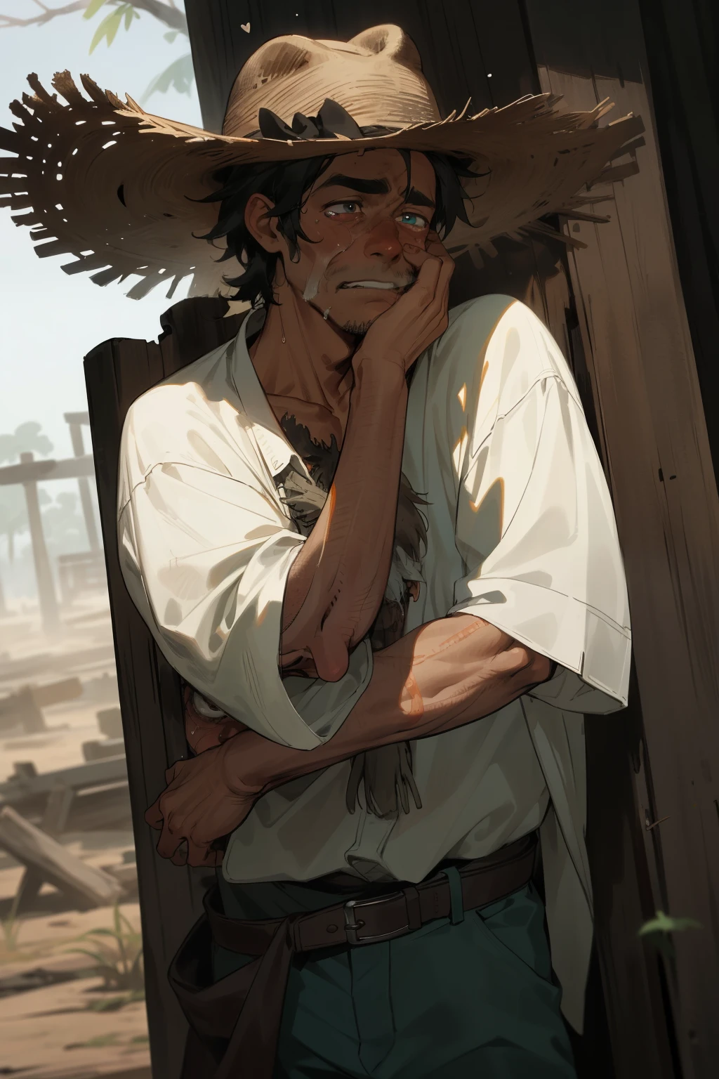 A cangaceiro, with his traditional Brazilian cowboy attire, is seen shedding tears. His face is covered in dust and sadness, his hat tipped low as he leans against a weathered old tree. His eyes are red-rimmed and filled with regret, his heart heavy with sorrow. The once-vibrant colors of his shirt and pants have faded, reflecting the hardships he's faced. A lone tear trickles down his weathered cheek, a testament to his emotional turmoil.