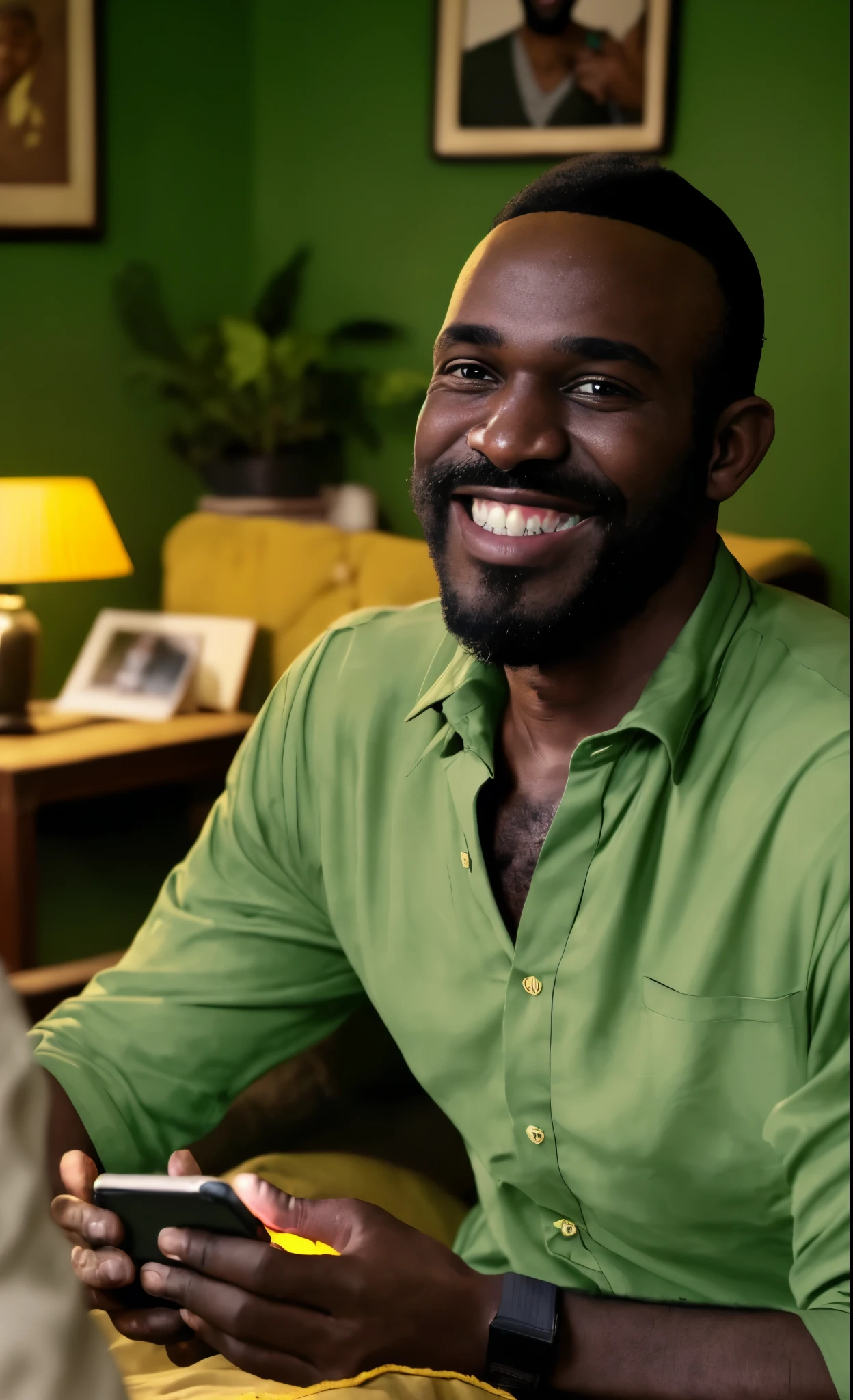 black african man smiling looking at his phone, green light emitting from phone, a middle-aged man with short hair and a beard, wearing a casual shirt, the green light casting a soft glow on his face, cozy living room with warm lighting and family photos on the walls, evening ambiance with a sense of comfort and relaxation