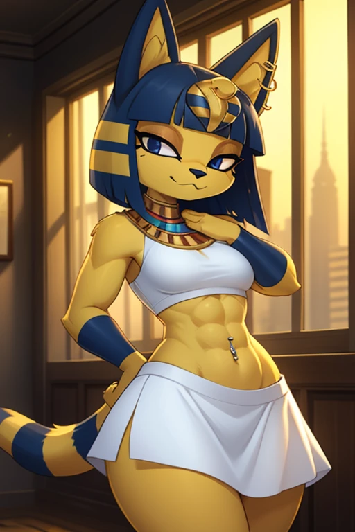 ((masterpiece)), ((best quality)), ((perfect face)), trending on artstation, furry, furry style , anthro style, digital artwork of a sexy ankha with rock hard abs, a bare midriff and a bare navel wearing a crop top of her sleeveless white dress with long white dress skirt, blue Egyptian handbands, yellow and blue fur, cat, tail, female, Egyptian setting, smug face, Egyptian necklace 