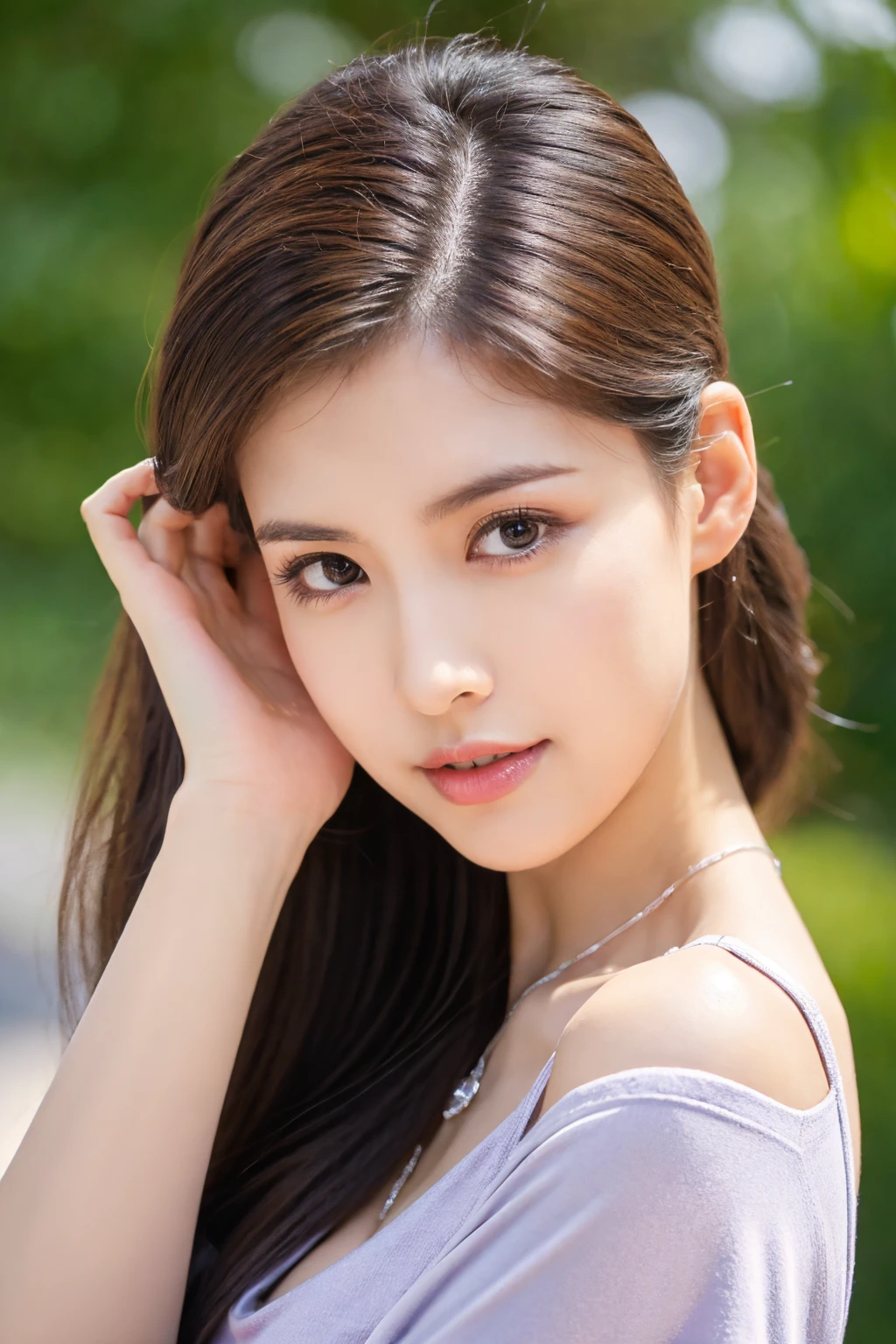 real picture，（lifelike， high resolution：1.3），（whole body：1.5）， 1 girl with a perfect figure：1.4， Delicate facial features，Double eyelids，Long eyelashes，Tall nose，Wear a necklace，Long hair，Lean abdominal muscles：1.1 ，Random color T-shirt：1.2，Random color high heels， Big ， A little cleavage
