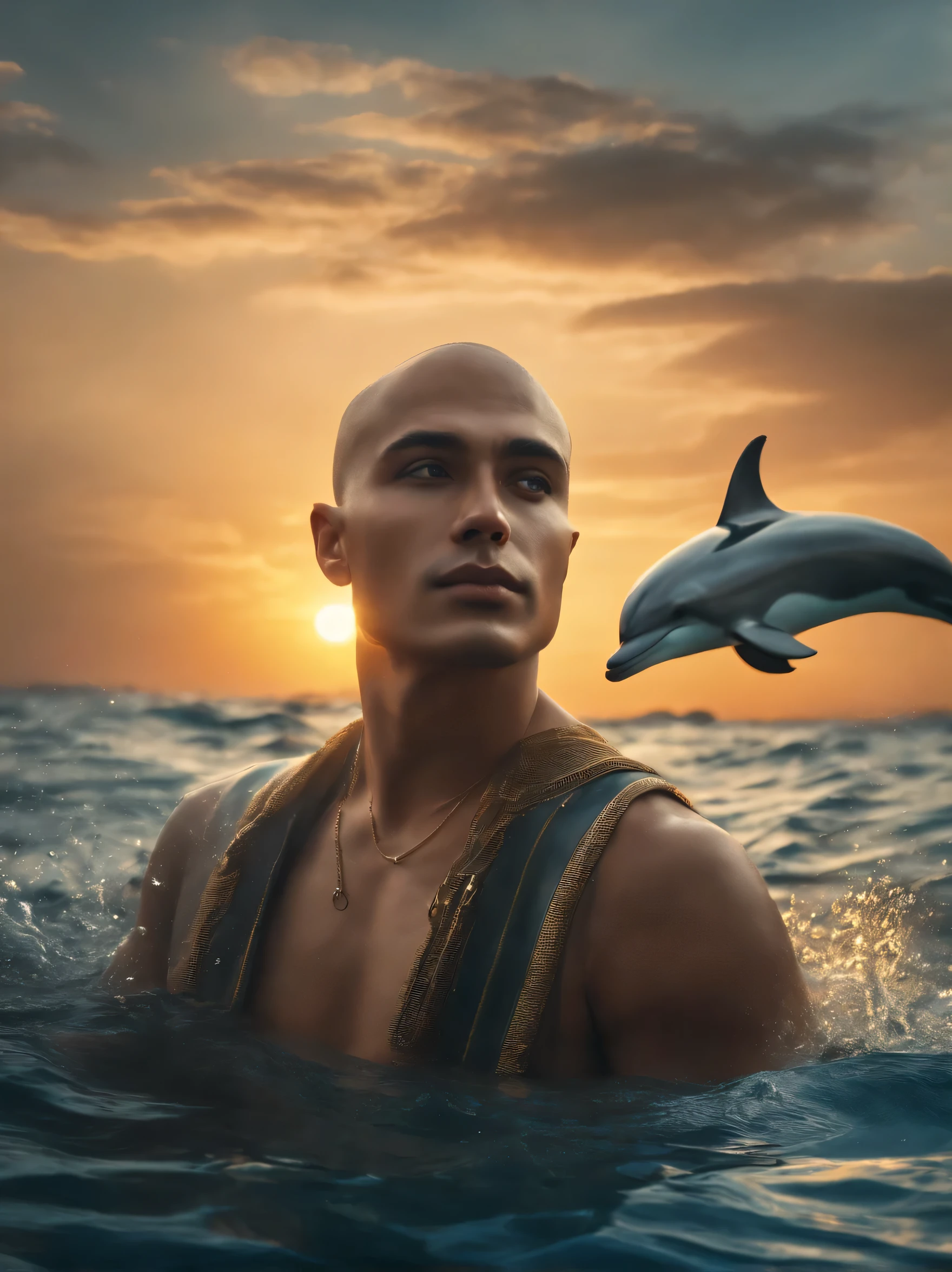 Cinematic photo, man, shaved hair, futuristic clothing, swimming carelessly at the bottom of the sea, with his pet dolphins. Golden hour, high quality, high clarity, perfect face, ultra-detailed face, work of art, fantastic realism, dream.