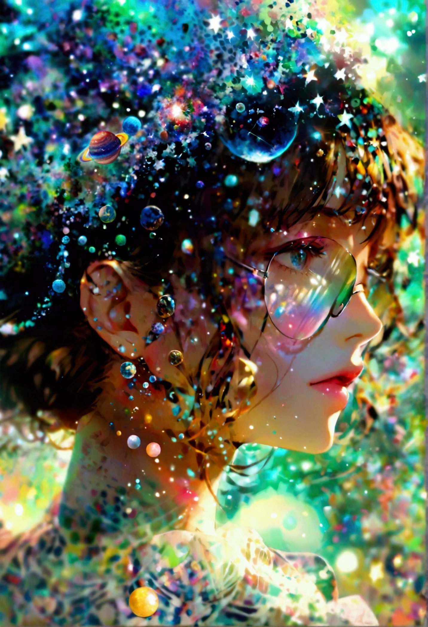 Glass Galaxy 
Create an image depicting  the portrait f a beautiful woman front  of a universe where stars, planets, and galaxies are made entirely of colorful, translucent glass, refracting and reflecting light in dynamic patterns.