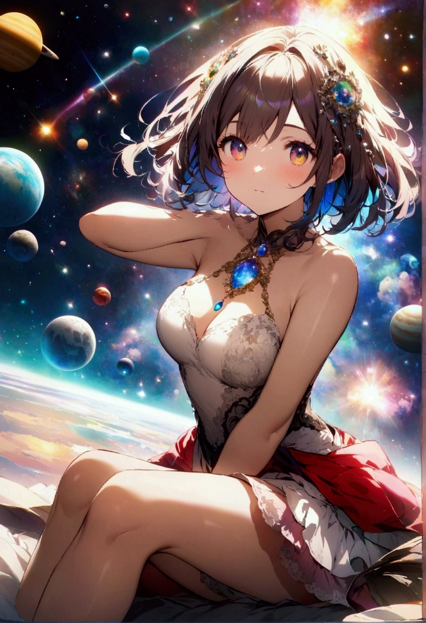 Glass Galaxy
Create an image depicting the portrait f a beautiful woman front of a universe where stars, planets, and galaxies are made entirely of colorful, translucent glass, refracting and reflecting light in dynamic patterns.