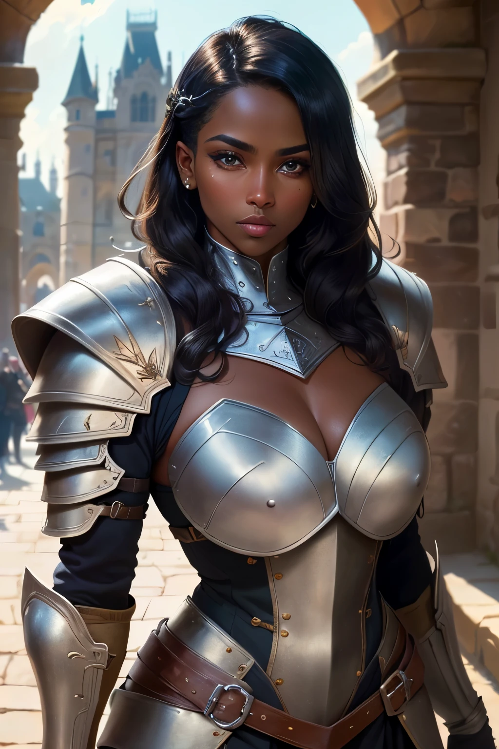 ((best quality)), ((masterpiece)), (detailed), Prize-winning works, with incredible details, maximum textures and details, uhd ,8K,super resolution ,depth of field, masterpiece, super detail, high details, highres , 1 dark-skinned man ,adventurous, heavy full armor,(((he has dark skin))) ,he wears full armor medieval clothing  ,adventurous de Dungeon parecido com a obra de JRR Tolkien,longCap ,fully body, hyper-detailed piercing eyes , (35 year old man :1.1,detailedeyes, face detailed, whole body:1.1,the background is a magnificent castle similar to Bodiam Castle ),(best qualityer:1.2,ultra detali:1.1,realisitic:1.37) ,eyeshadows,sharp focus,swirly vibrant colors,)