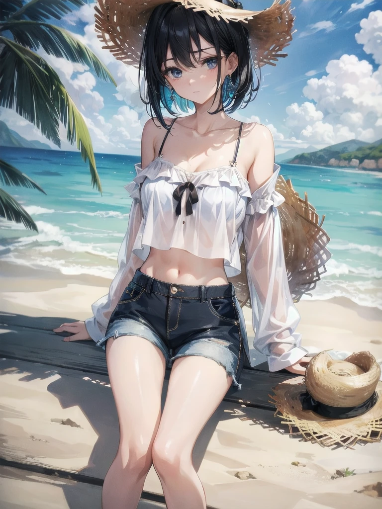 absurdres, RAW photo, extremely delicate and beautiful, masterpiece, Best Quality, ultra high resolution, 32k, hyperrealistic, ultra-detailed, perfect figure, in her 20s, very small head, very small face, delicate facial features, tearful mole, earring, very huge breasts, bare legs, full body shot, medium hair, black hair, colored inner hair, casual, blouse, white shirt, buttoned shirt, bare shoulders, collarbone, midriff, navel, shorts, straw hat,