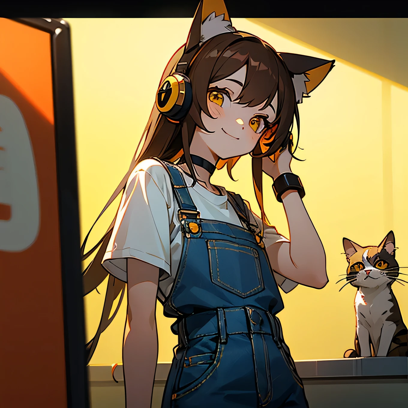 One girl。Brown long hair。Cat ear。Big headphones。Yellow light on headphones。Big yellow pretty eyes。Red cheeks。White short sleeve T-shirt。Short denim overalls。「pi」A black choker with the words。Have a smartphone。Smiling and looking at smartphone。