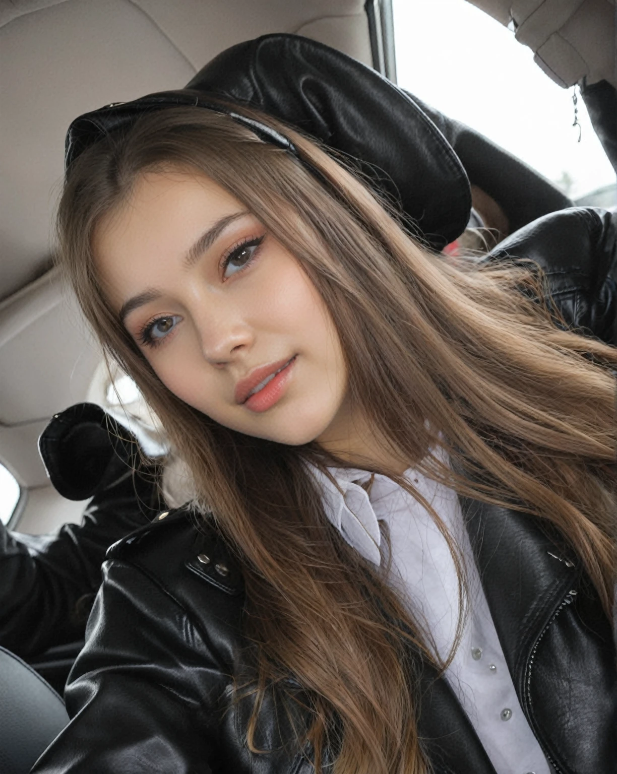 Arafed woman in a car with long hair and a leather jacket., 18 years, 19 year old girl, , Anna Nikonova aka Newmilky, attractive girl, russian bride, good young girl, Portrait Sophie Mudd, angelablanca, Dasha Taran, Angelina Stroganova, Anastasia Ovchinnikova