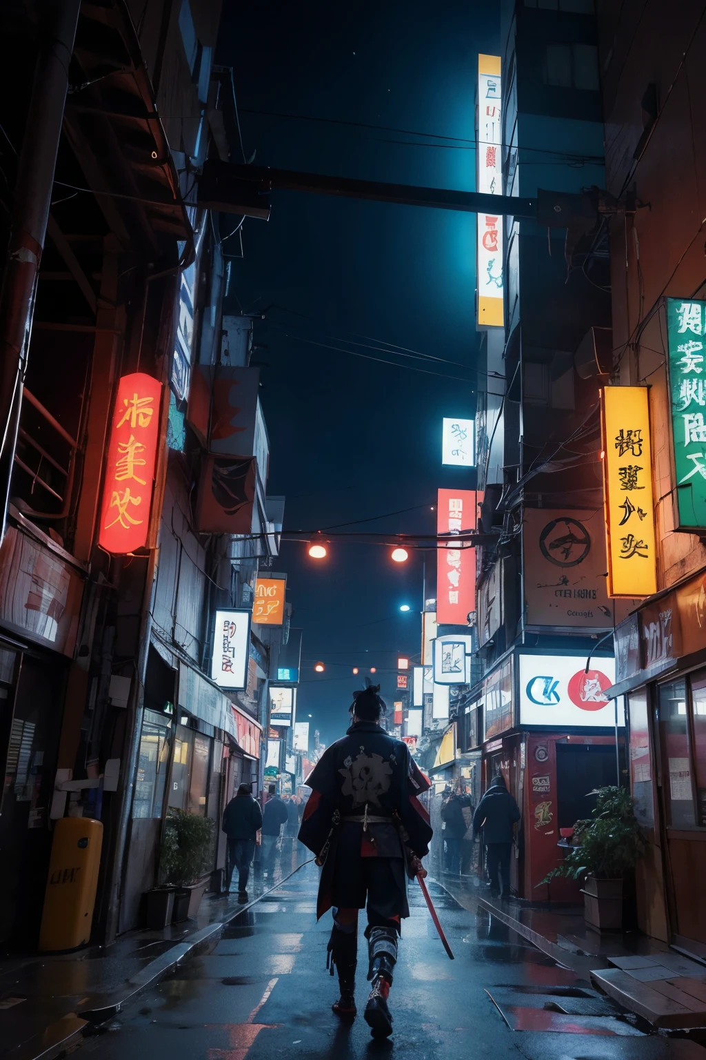 a robotic samurai with katanas on his back. The environment is a cyberpunk city full of vibrant lights that emphasize the samurai