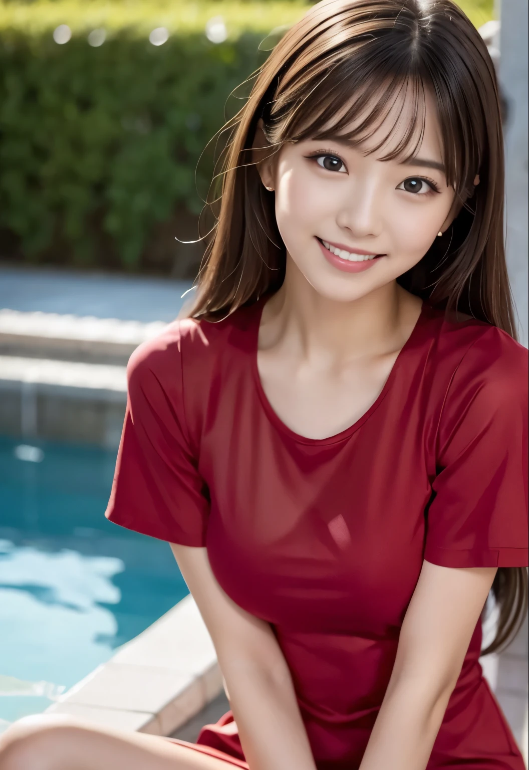 (masterpiece, best quality:1.1), (8k, raw photo, photo realistic:1.2, f22), (shiny skin),japanese,detailed skin,long hair,ribbon,detailed face, detailed eyes,smile,BREAK, real world, intricate details, smil, BREAK, 1girl, full body,(short sleeve,dress,red),BREAK ,(テラス:1.4)