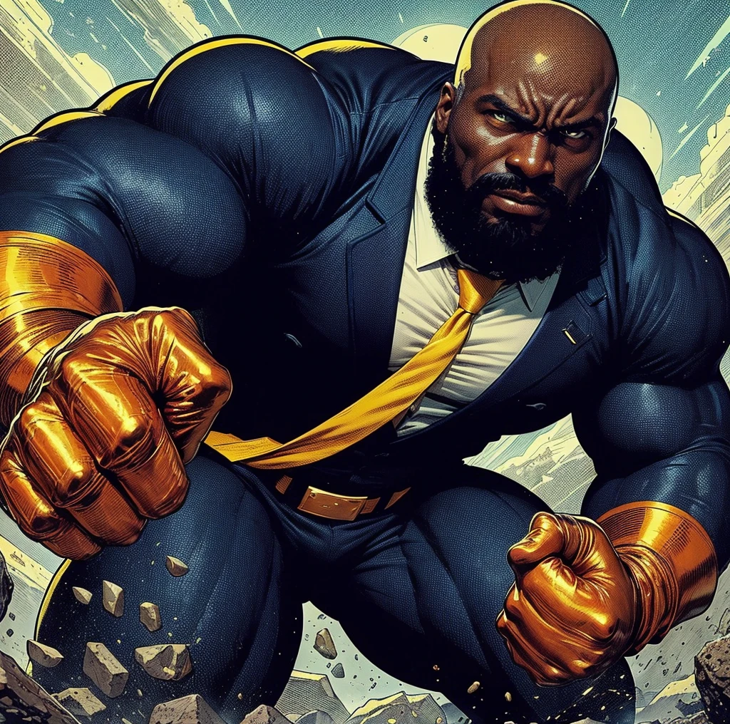 American classic comics: Luke Cage, black large man, bald, big black beard, tight navy suit, large shoulders, yellow technological copper gloves, super strength, big large body muscular, yellow-orange tie, hero protector, punching the stones, super hero leggings, fighting, knocking over rocks.
