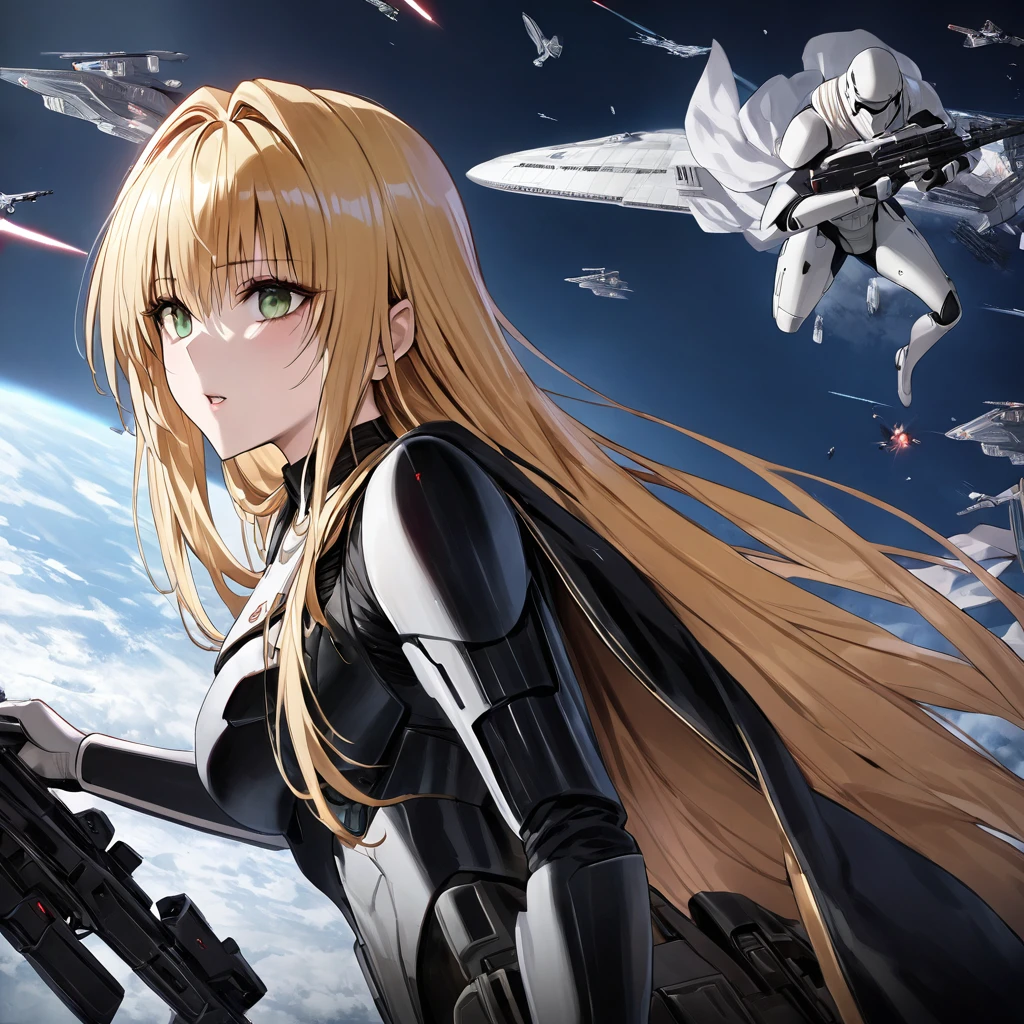 ((Highest quality)), ((masterpiece)), (detailed), (Perfect Face)、The woman is Tiare, a beautiful Stormtrooper with green eyes and medium-long blonde hair, carrying an assault rifle-type blaster.、Serving Emperor Palpatine aboard an Imperial starship