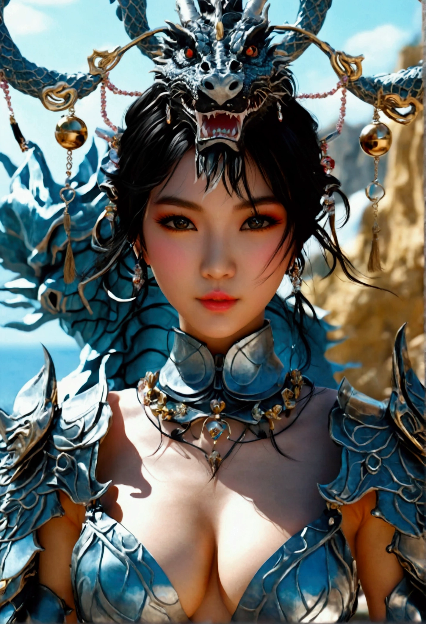 ( Medium breasts)、top-quality、masterpiece、超A high resolution、(Blue Dragon Armor)、(((made of metal))),((( Medium tits)))、(((Detailed white micro bikini))),(Wearing a beautiful crown made of jewels),(Photorealsitic:1.4)、Raw photo、1人、(((Random hair))、(((Take different poses)))、glowy skin、(((black chinese dragon)))、Intricate and ornate hair ornaments、(Looks like a gorgeous jewelry necklace)、(A person who sees with calm and goddess-like eyes)Happiness:1.2)、(metal bikini background)).((Beautiful coral and sea background))、Precipitous cliffs、(ruins background)、((super realistic details))、portlate、globalillumination、(sexypose)、Shadow、octan render、8K、 Medium 、Raw skin exposed in the cleavage、metals、Details of complex ornaments、Japan details、highly intricate detail、Realistic light、CG Society Trenlow Eyes、Eyes shining towards the camera、Toostock、(veils)、(((Light Medium ))),Shining eyes shine、Armpit、(((nude:1)))