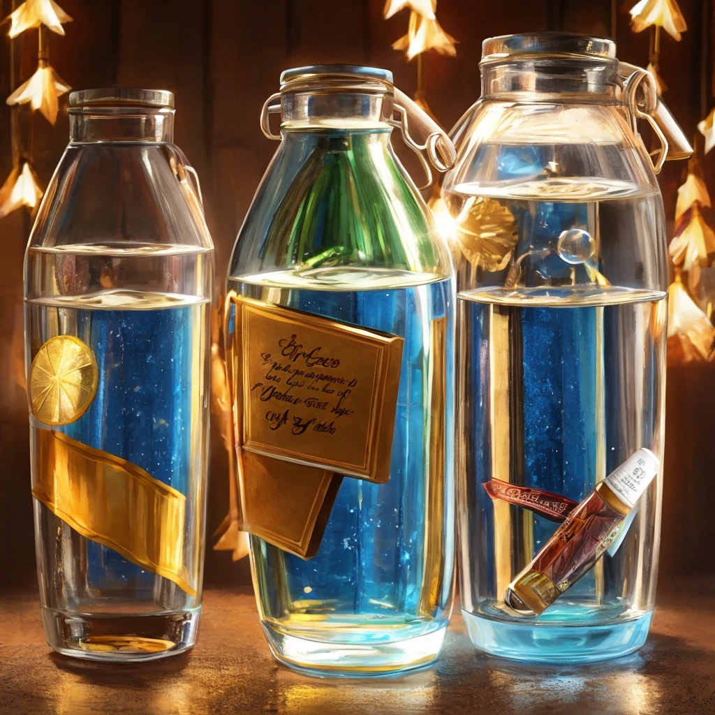 I would like a glass water bottle with graduations showing its consumption in a realistic et cartoon style but without other things