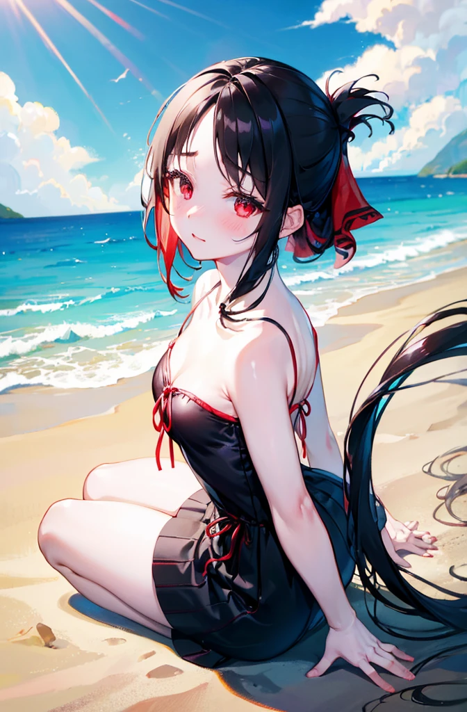 Random pose、Black Hair、Small breasts、Random Swimsuit、Floral、Red ribbon、Pale red eyes、classroom、Blushing、Embarrassed expression、、