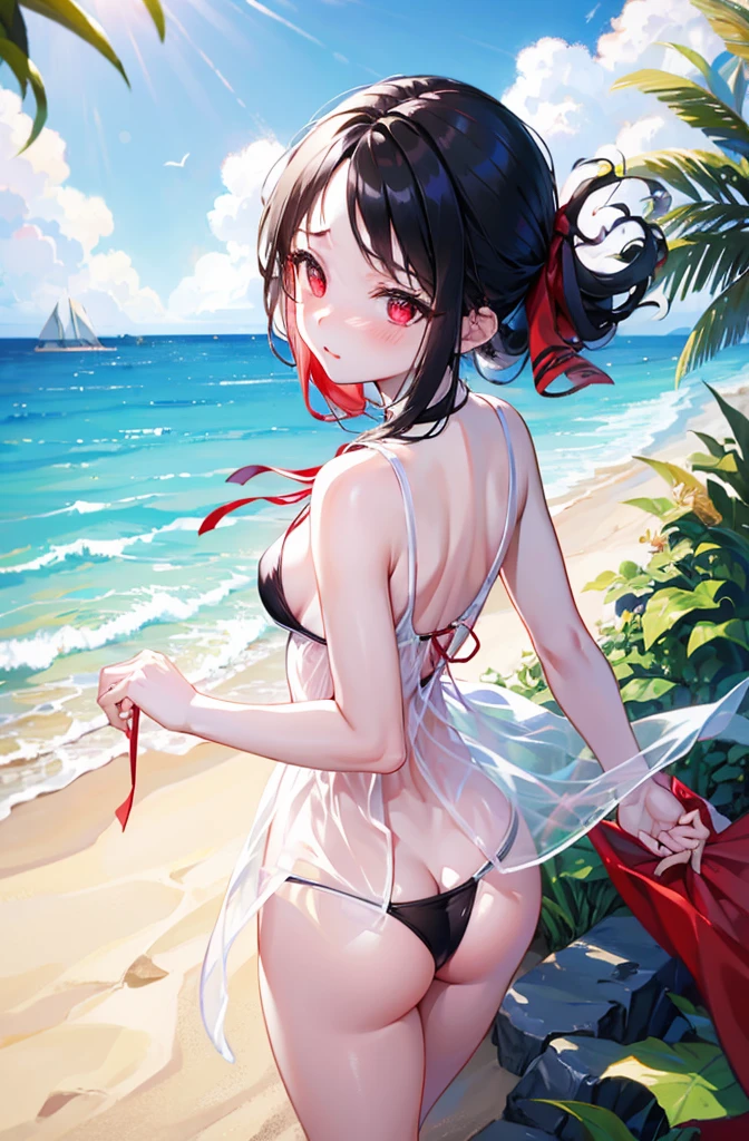 Random pose、Black Hair、Small breasts、Random Swimsuit、Floral、Red ribbon、Pale red eyes、classroom、Blushing、Embarrassed expression、、