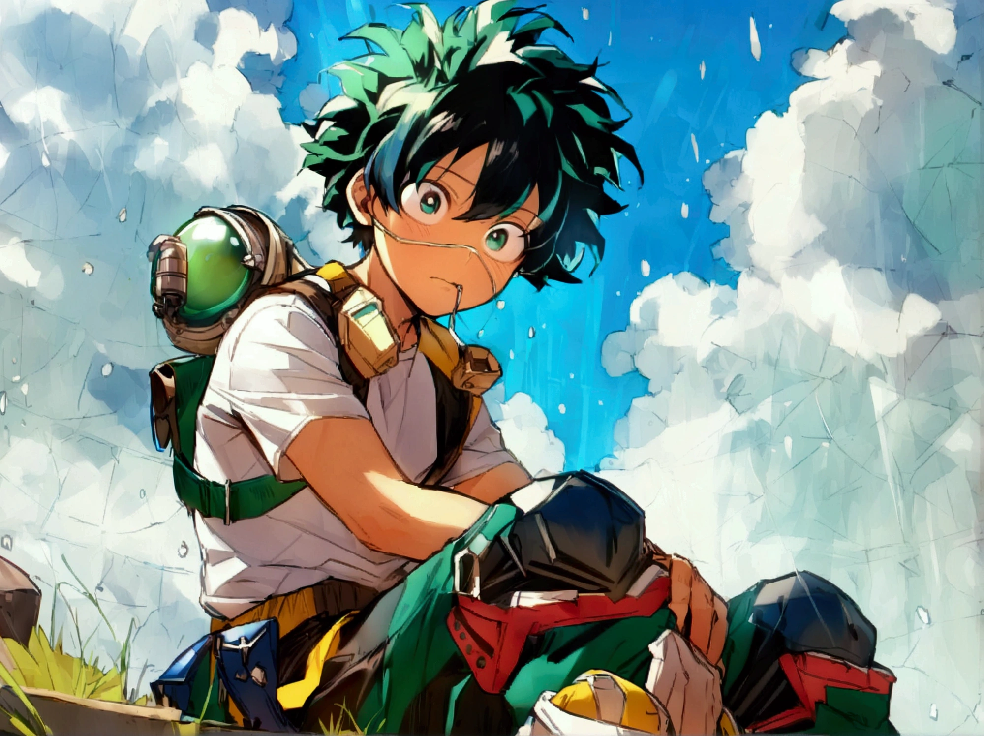 (masterpiece, best quality:1.2), solo, male focus, 1boy, midoriya izuku, short green hair, green eyes, white t-shirt, black shorts, green domed helmet with transparent visor over eyes, mind control device, blank expression, mouth hanging open, sitting in bean bag, relaxed posture, arms hanging limply, anime style, my hero academia style, view from angle