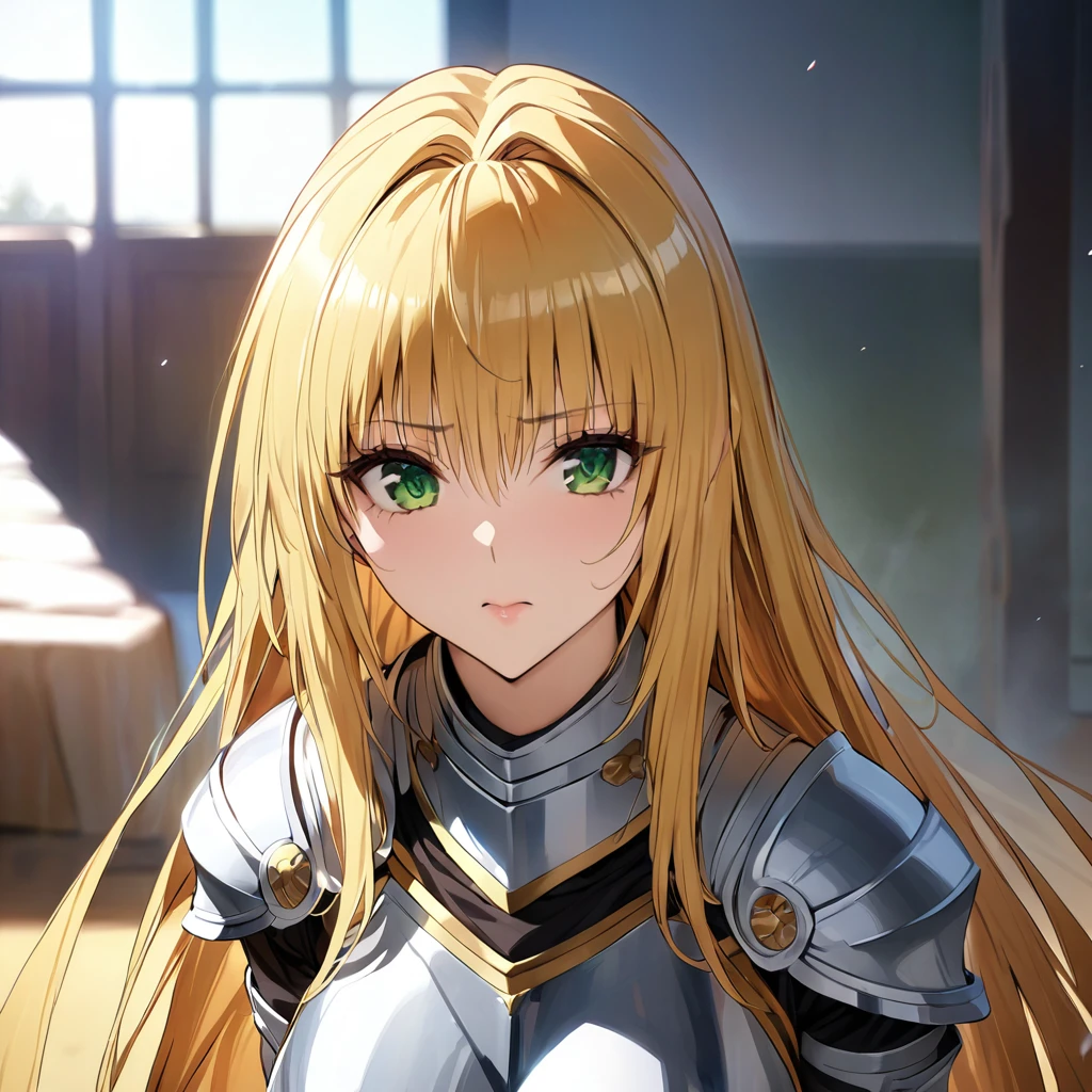 ((Highest quality)), ((masterpiece)), (detailed), （Perfect Face）、The woman is Tiare, a female knight with green eyes, medium-long blonde hair, wearing armor and holding a sword.