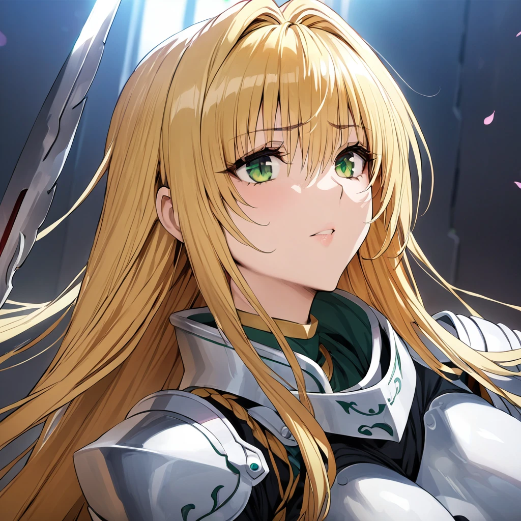 ((Highest quality)), ((masterpiece)), (detailed), (Perfect Face)、The woman is Tiare, a female knight with green eyes, medium-long blonde hair, wearing armor and holding a sword.