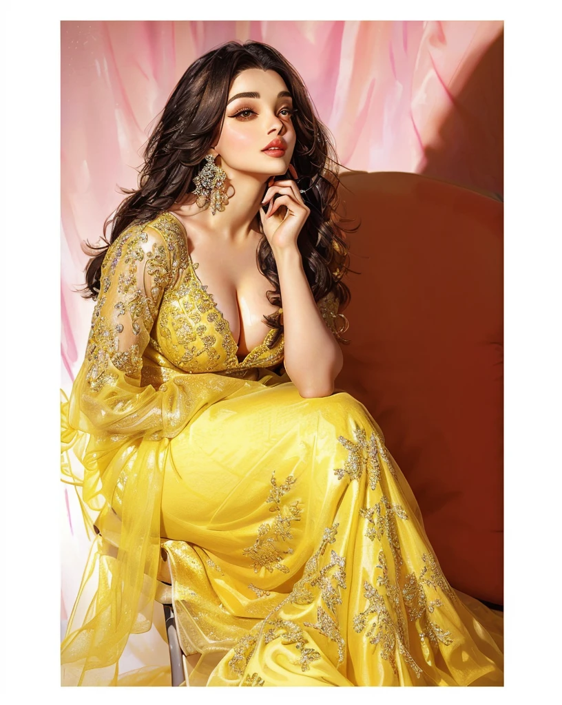 a close up of a woman in a yellow dress sitting on a chair, actress, lady using yellow dress, gorgeous lady, femme, with yellow cloths, * colour splash *, sensuous, aishwarya rai, biopic, stunning woman, gorgeous woman, yellow theme, beautiful yellow woman, yellow clothes, look at the details, stunning beautiful, yellow colours, posing, big , cleavage show, full wet body