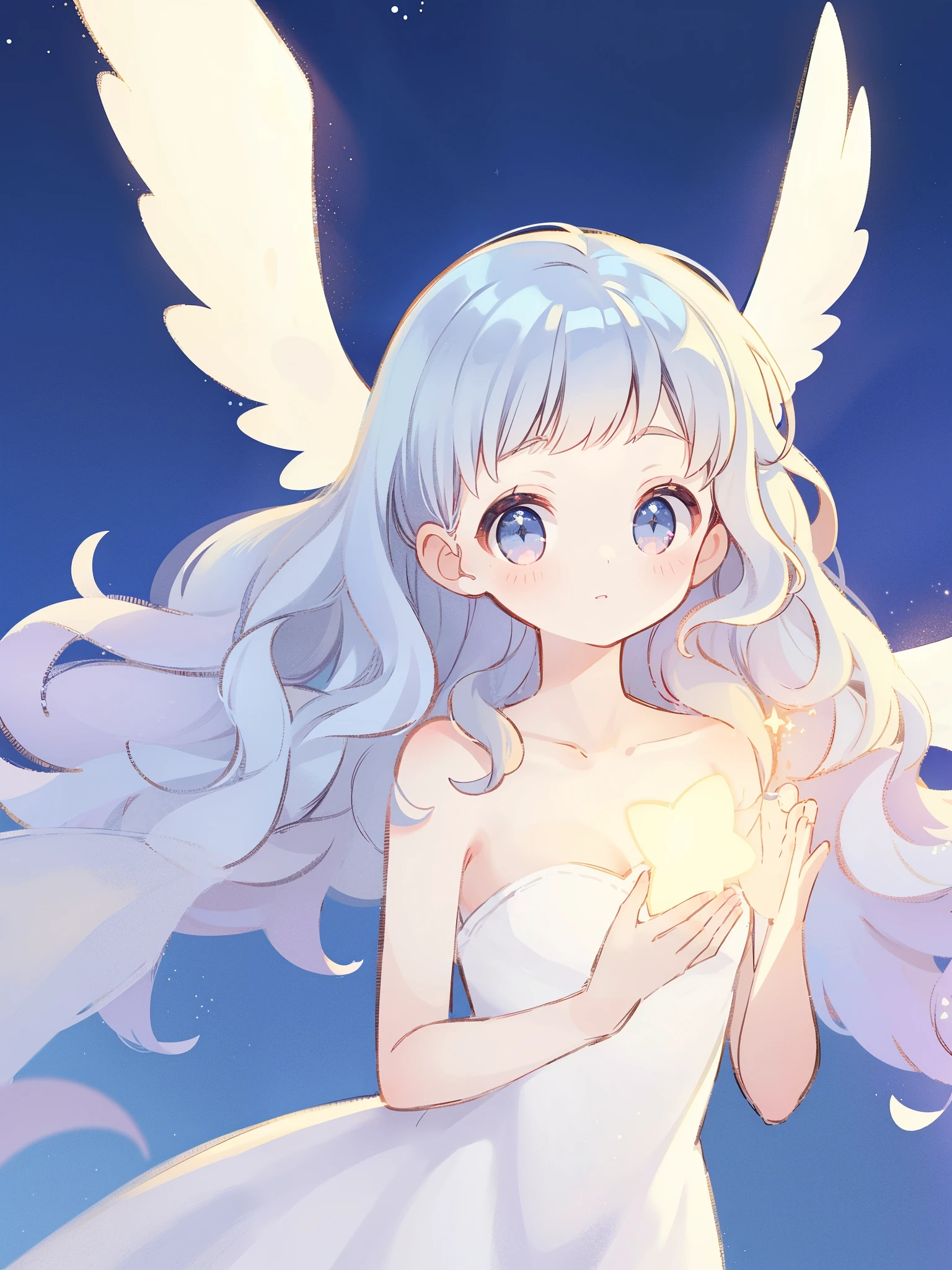 nude angel girl wearing an ethereal translucent dress, pale skin, ((wavy blue hair)), white feathers, angel wings, sparkling detailed eyes, golden ratio face, perfect composition, highly detailed, ethereal, (starry night sky background), midjourney style