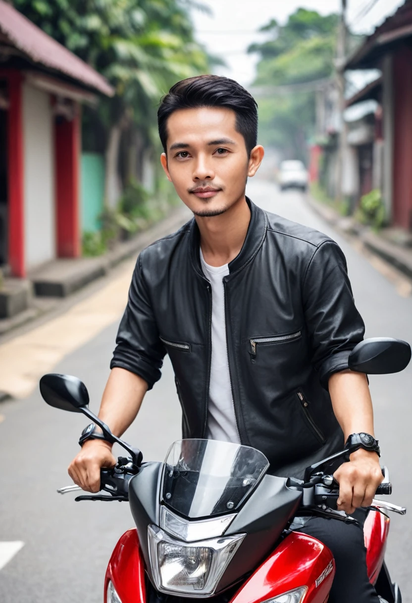 handsome Indonesian man, very short fine hair, I was riding a Honda automatic beat series motorbike, camera distance is far( The entire motorbike is visible) far ratio, roadside atmosphere,
